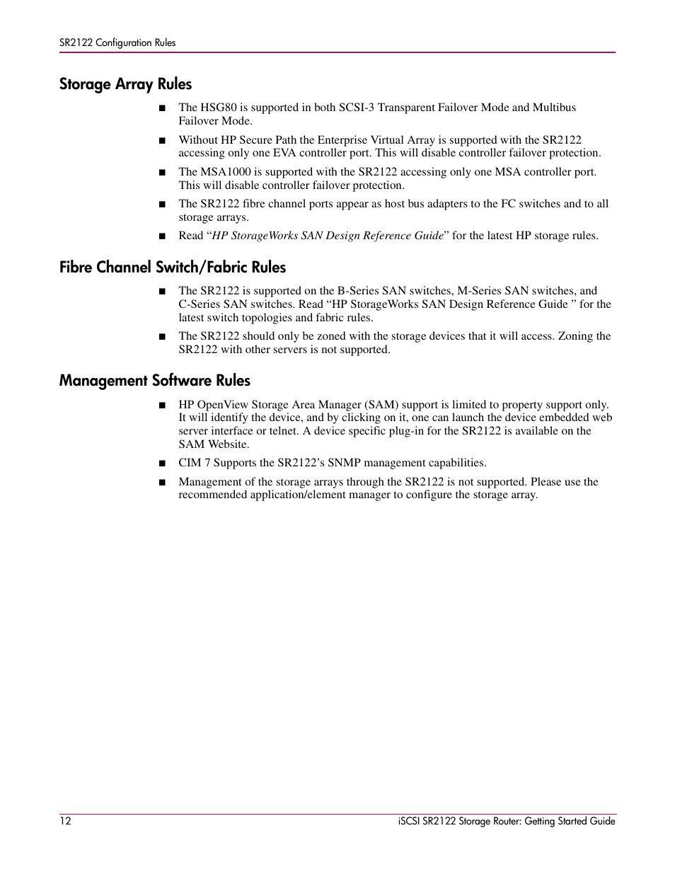 Storage array rules, Fibre channel switch/fabric rules, Management software rules | HP ISCSI SR2122 User Manual | Page 12 / 66