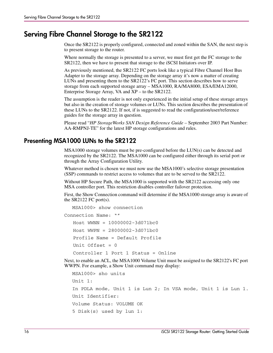 Serving fibre channel storage to the sr2122, Presenting msa1000 luns to the sr2122 | HP ISCSI SR2122 User Manual | Page 16 / 66