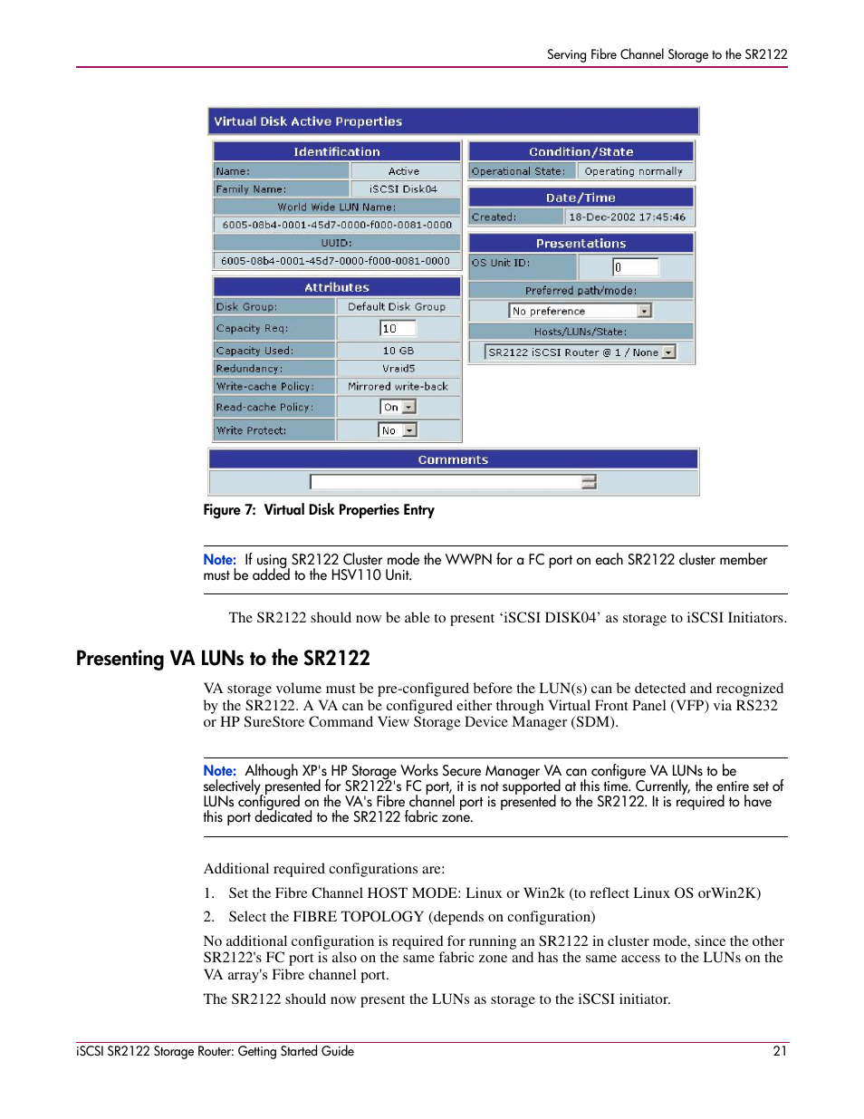 Figure 7: virtual disk properties entry, Presenting va luns to the sr2122, Figure 7:virtual disk properties entry | HP ISCSI SR2122 User Manual | Page 21 / 66