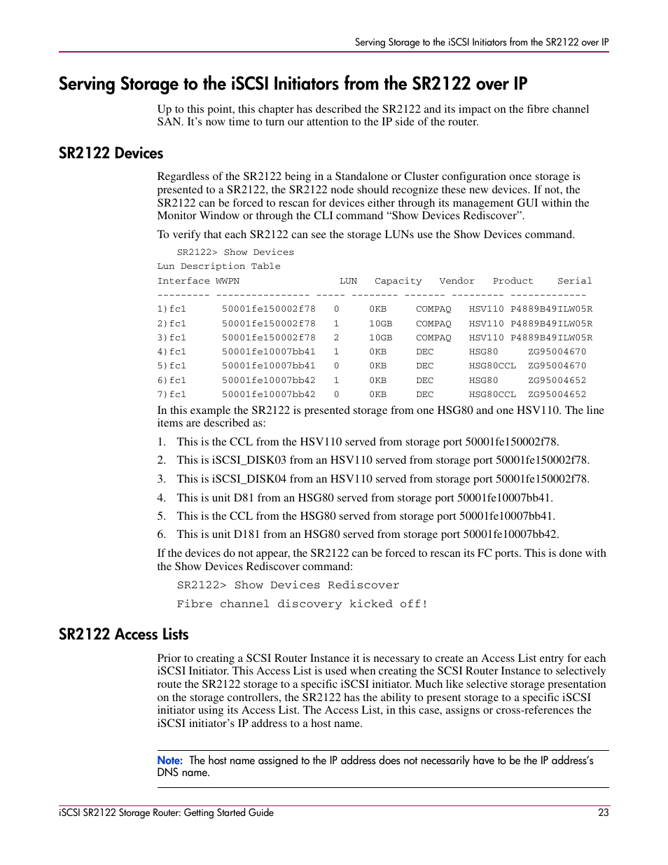 Sr2122 devices, Sr2122 access lists | HP ISCSI SR2122 User Manual | Page 23 / 66