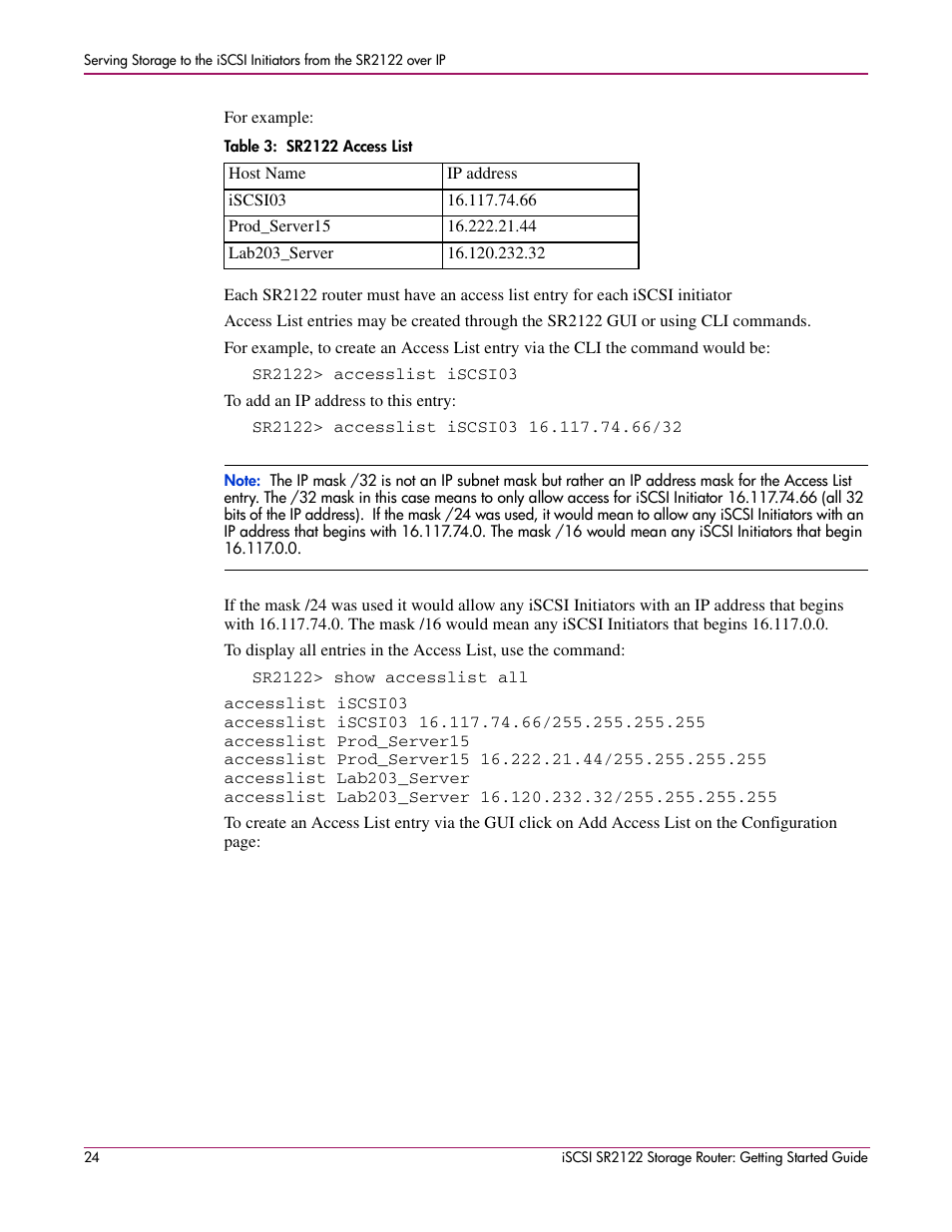 Table 3: sr2122 access list | HP ISCSI SR2122 User Manual | Page 24 / 66