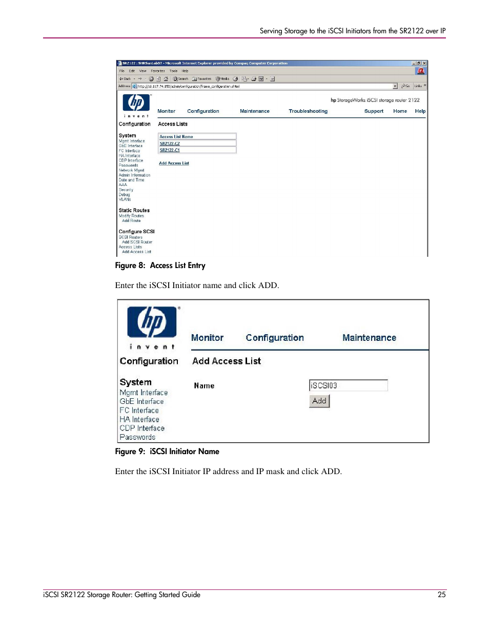 Figure 8: access list entry, Figure 9: iscsi initiator name | HP ISCSI SR2122 User Manual | Page 25 / 66