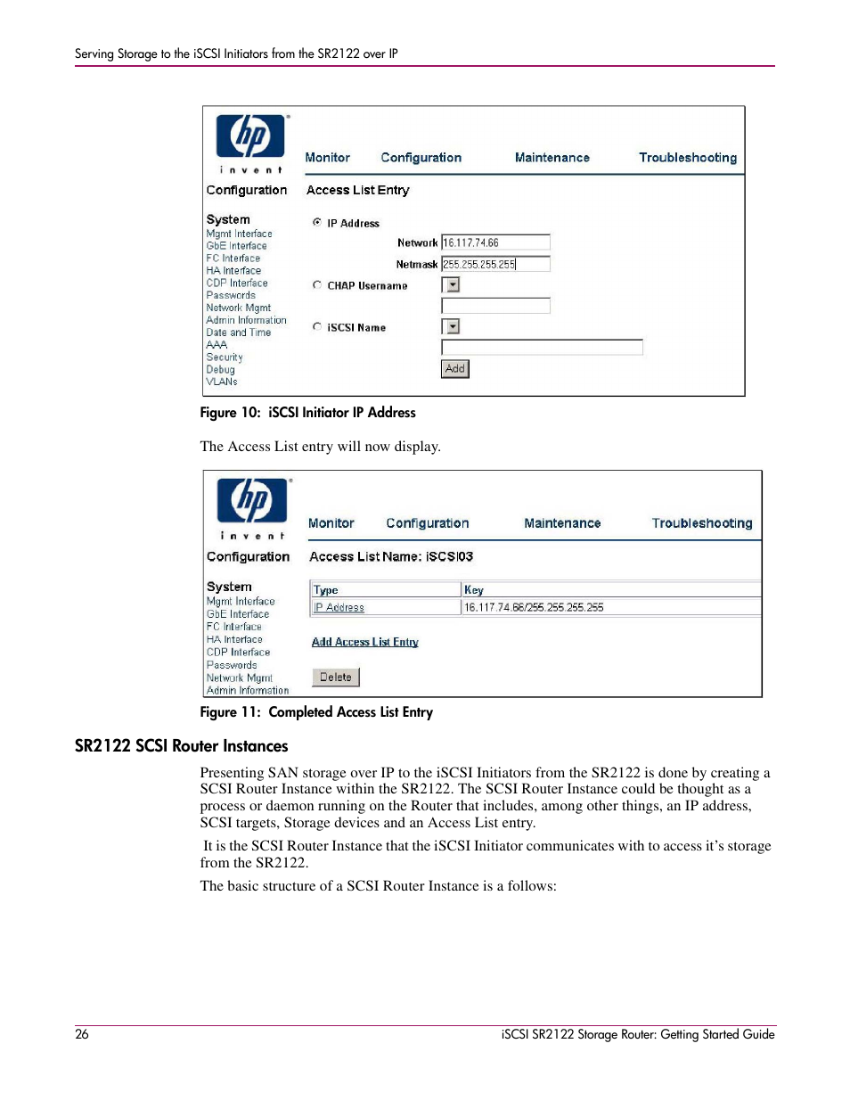 Figure 10: iscsi initiator ip address, Figure 11: completed access list entry, Sr2122 scsi router instances | HP ISCSI SR2122 User Manual | Page 26 / 66