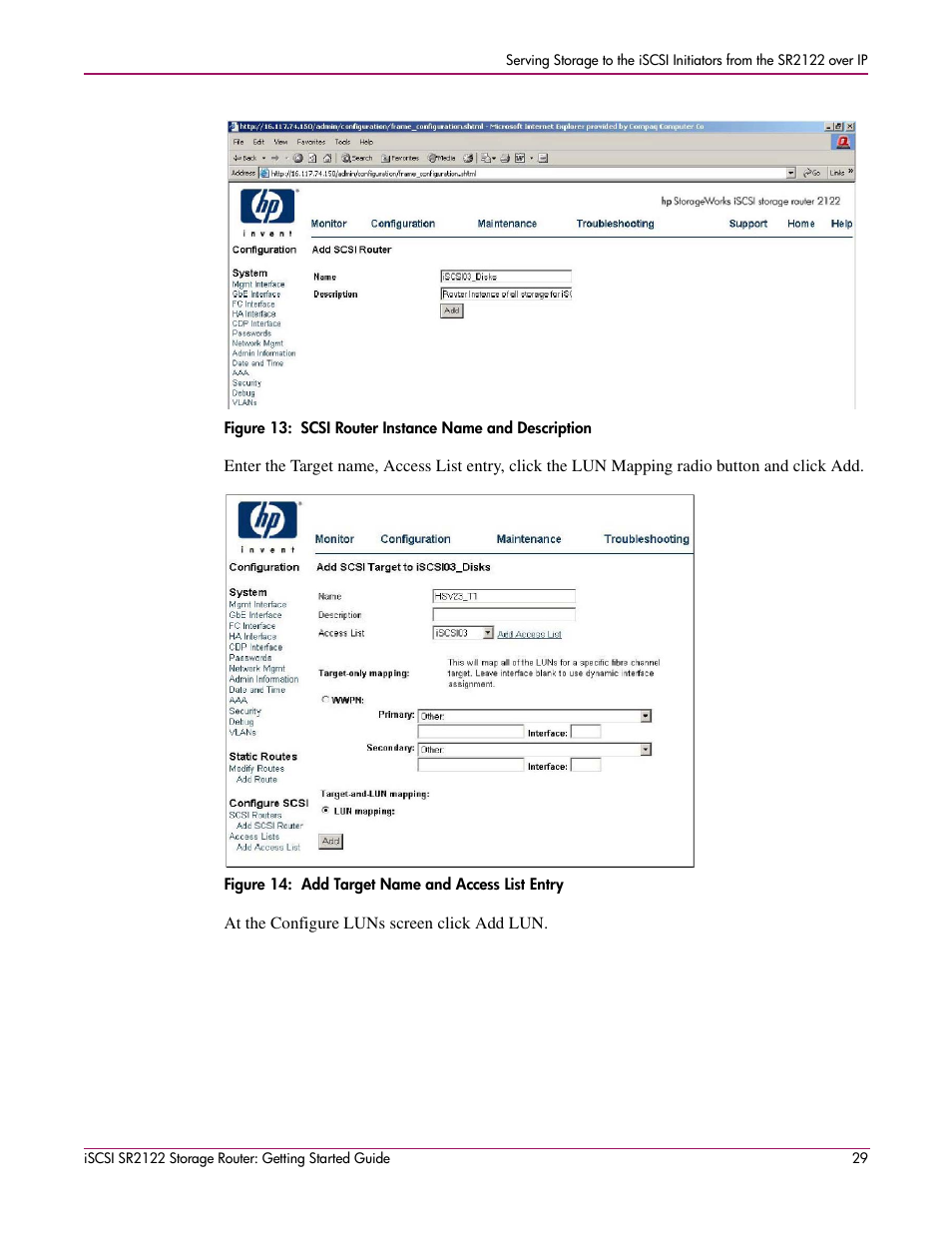 Figure 14: add target name and access list entry | HP ISCSI SR2122 User Manual | Page 29 / 66