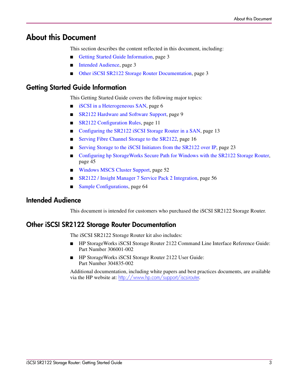 About this document, Getting started guide information, Intended audience | Other iscsi sr2122 storage router documentation | HP ISCSI SR2122 User Manual | Page 3 / 66