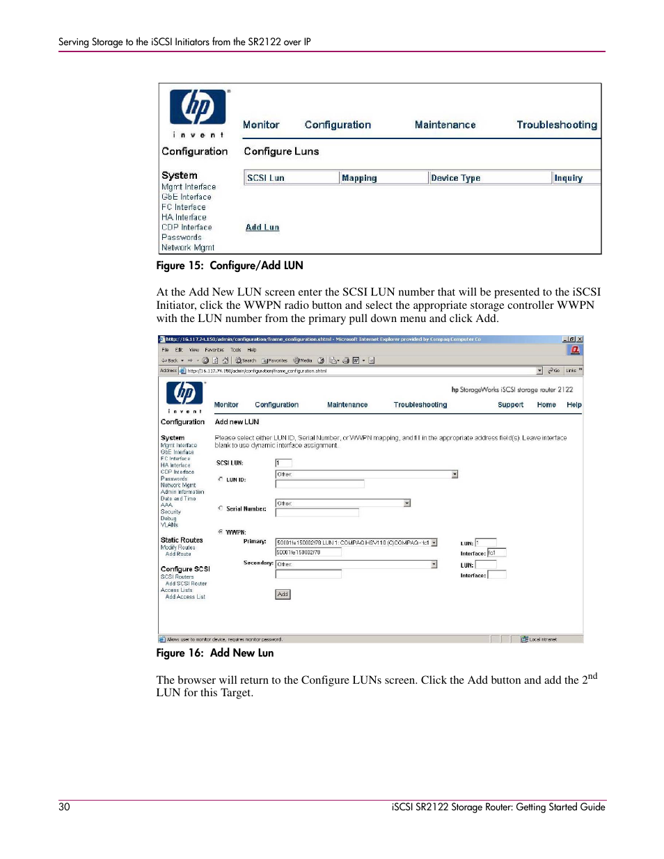 Figure 15: configure/add lun, Figure 16: add new lun, Figure 15:configure/add lun figure 16:add new lun | HP ISCSI SR2122 User Manual | Page 30 / 66
