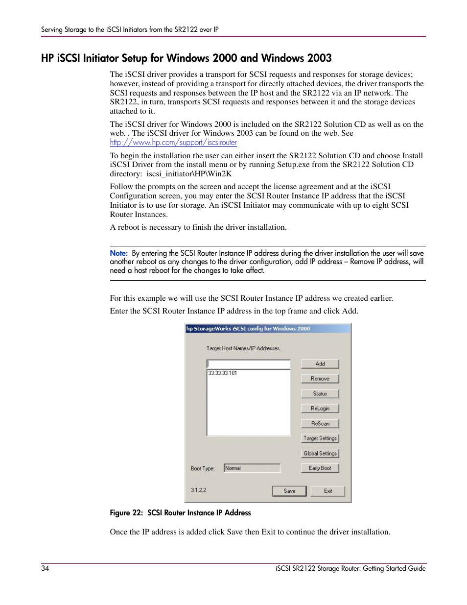 Figure 22: scsi router instance ip address, Figure 22:scsi router instance ip address | HP ISCSI SR2122 User Manual | Page 34 / 66