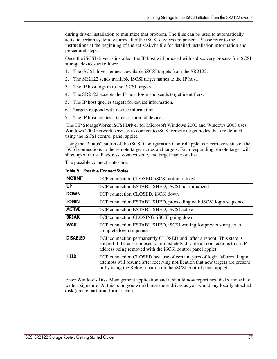 Table 5: possible connect states, Notinit, Down | Login, Active, Break, Wait, Disabled, Held | HP ISCSI SR2122 User Manual | Page 37 / 66