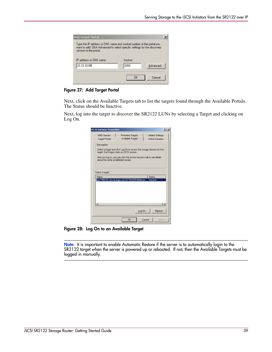 Figure 27: add target portal, Figure 28: log on to an available target | HP ISCSI SR2122 User Manual | Page 39 / 66