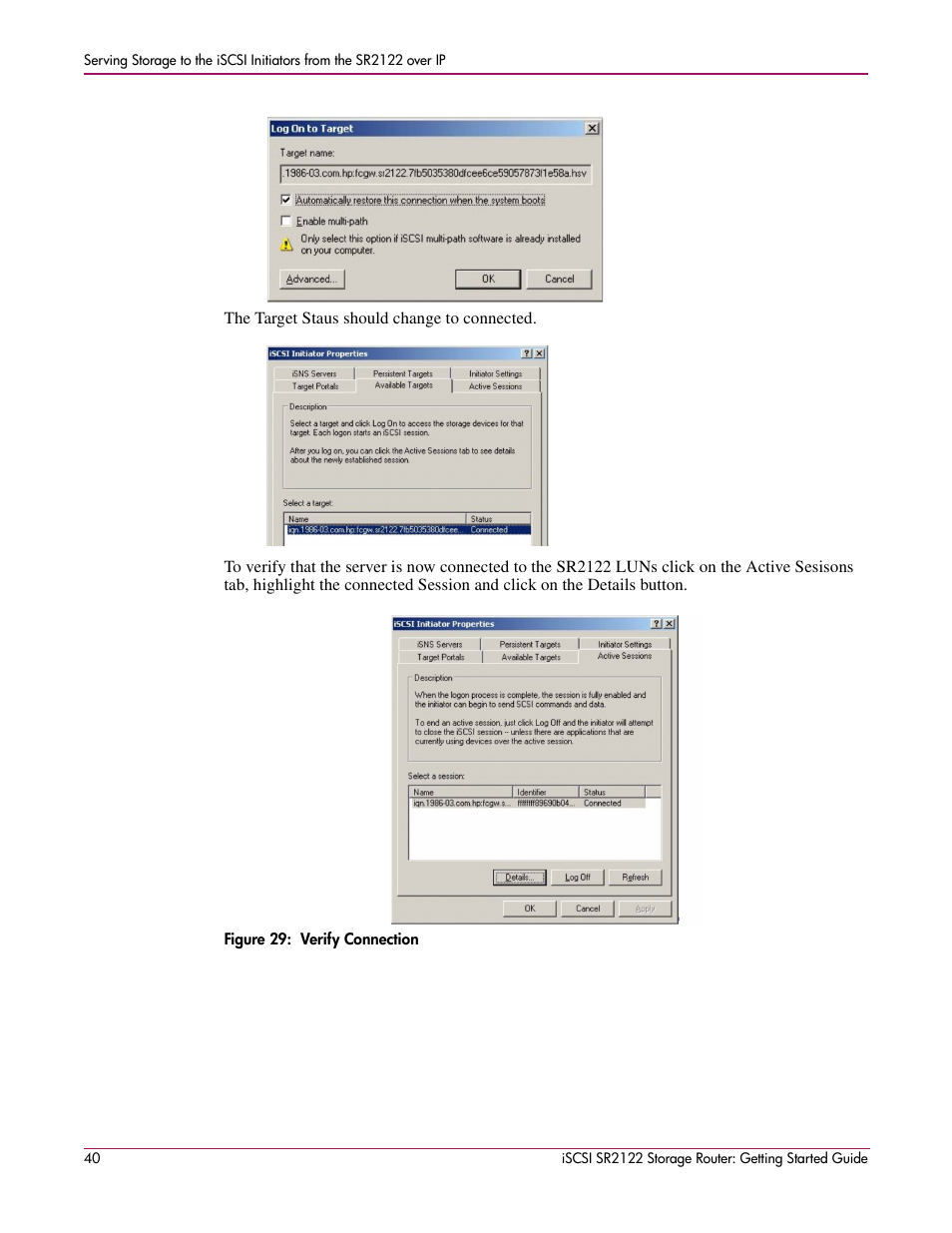 Figure 29: verify connection, Figure 29:verify connection | HP ISCSI SR2122 User Manual | Page 40 / 66