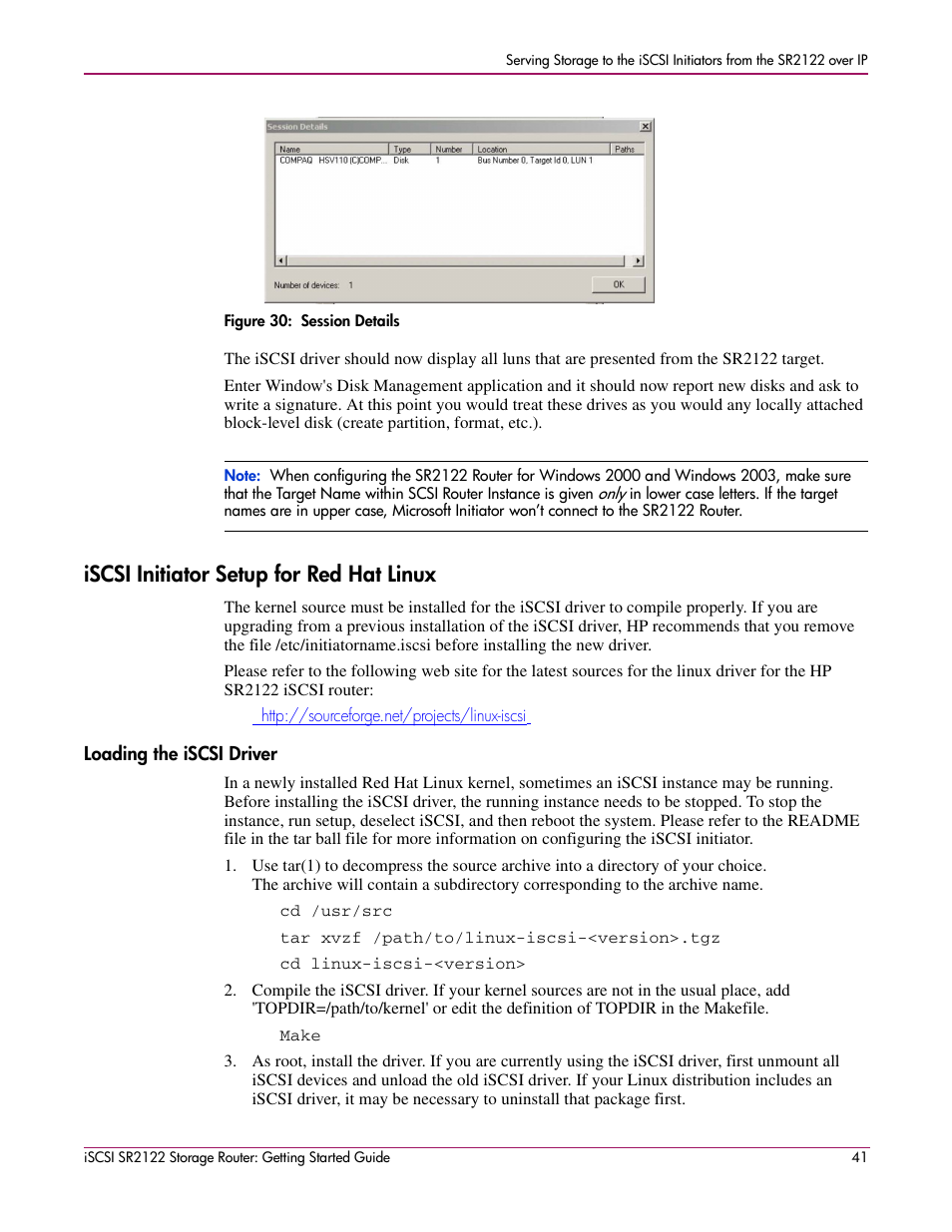 Figure 30: session details, Iscsi initiator setup for red hat linux, Loading the iscsi driver | Figure 30:session details | HP ISCSI SR2122 User Manual | Page 41 / 66