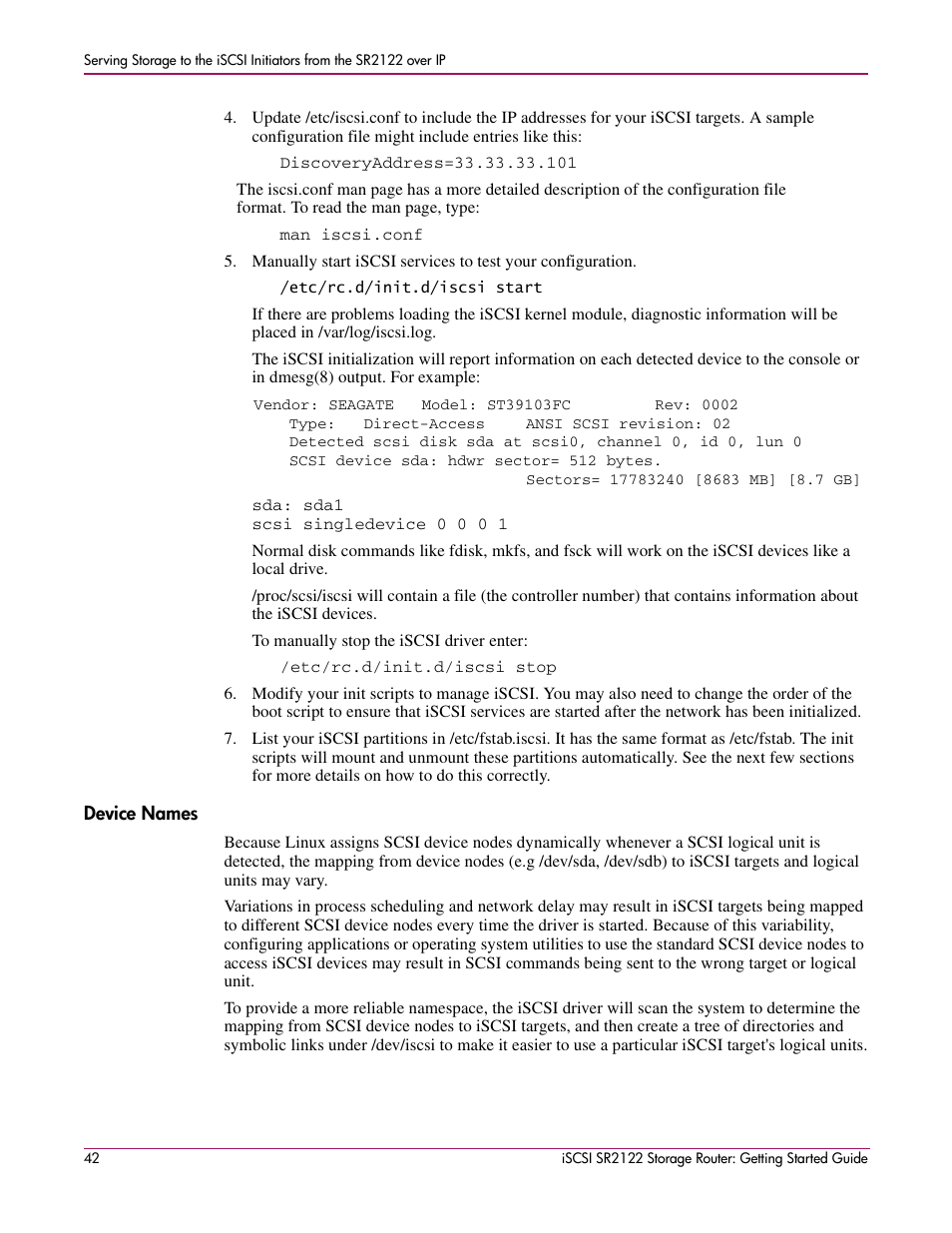Device names | HP ISCSI SR2122 User Manual | Page 42 / 66