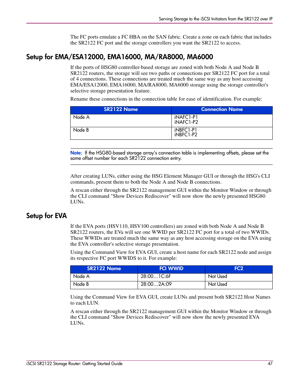 Setup for eva | HP ISCSI SR2122 User Manual | Page 47 / 66