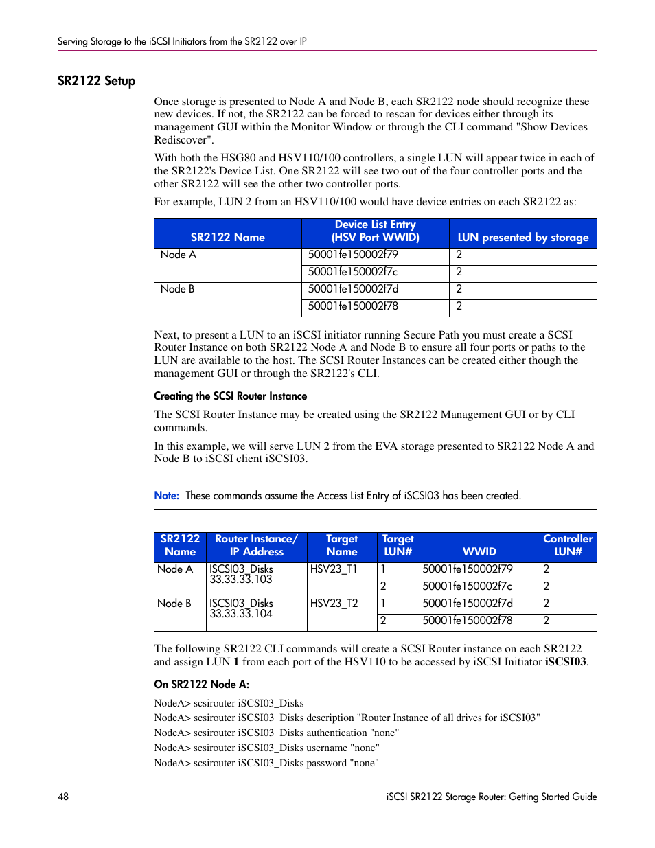 Sr2122 setup, Creating the scsi router instance, On sr2122 node a | HP ISCSI SR2122 User Manual | Page 48 / 66