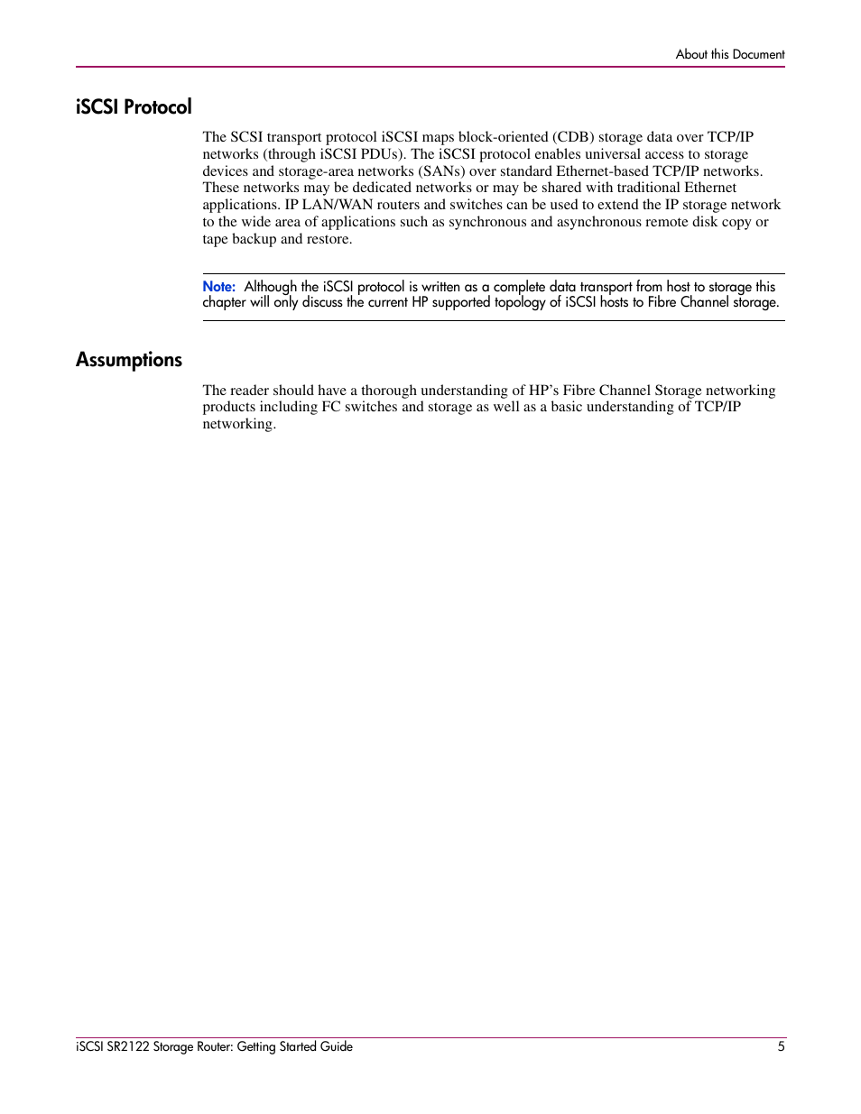 Iscsi protocol, Assumptions | HP ISCSI SR2122 User Manual | Page 5 / 66