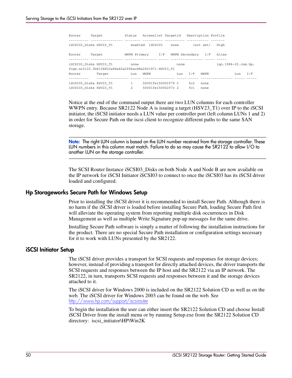 Hp storageworks secure path for windows setup, Iscsi initiator setup | HP ISCSI SR2122 User Manual | Page 50 / 66