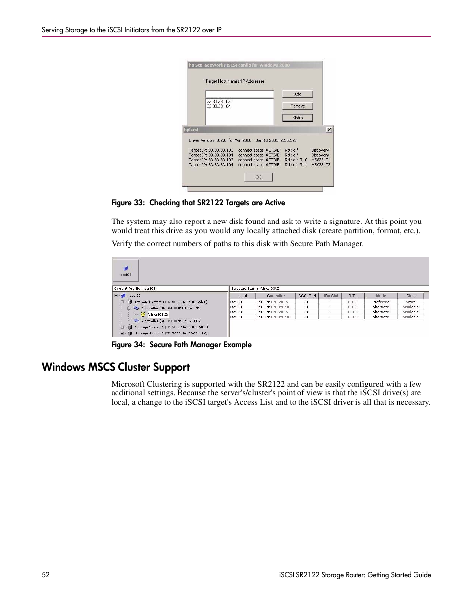 Figure 33: checking that sr2122 targets are active, Figure 34: secure path manager example, Windows mscs cluster support | HP ISCSI SR2122 User Manual | Page 52 / 66