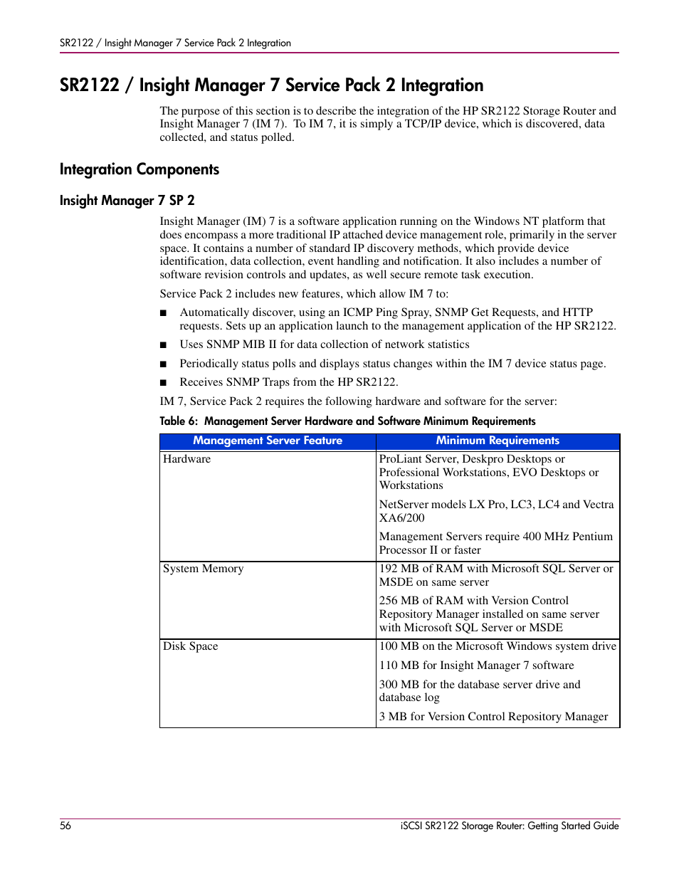 Integration components, Insight manager 7 sp 2 | HP ISCSI SR2122 User Manual | Page 56 / 66