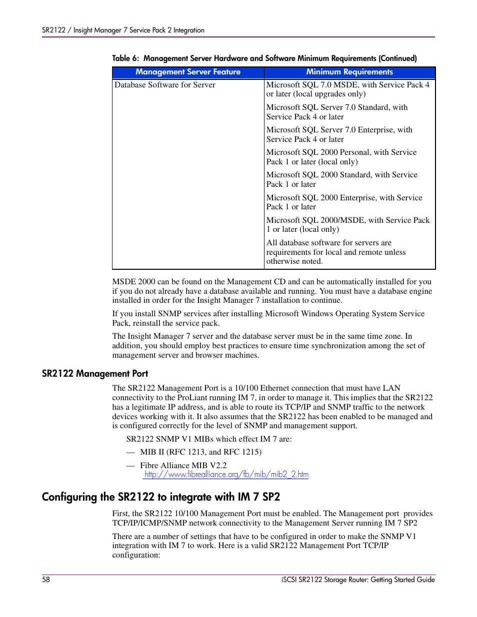 Sr2122 management port, Configuring the sr2122 to integrate with im 7 sp2 | HP ISCSI SR2122 User Manual | Page 58 / 66