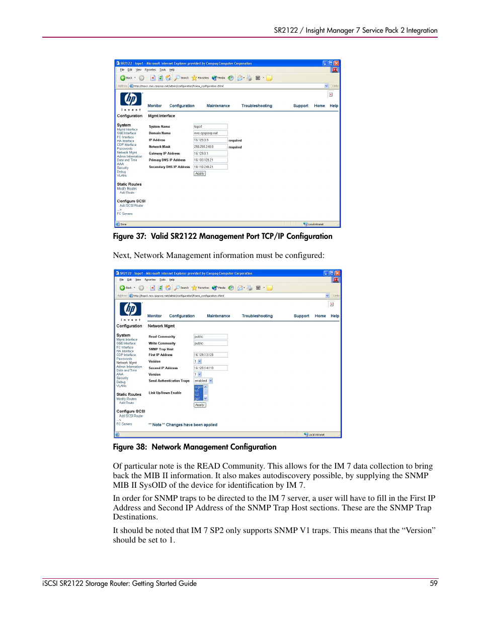 Figure 38: network management configuration | HP ISCSI SR2122 User Manual | Page 59 / 66