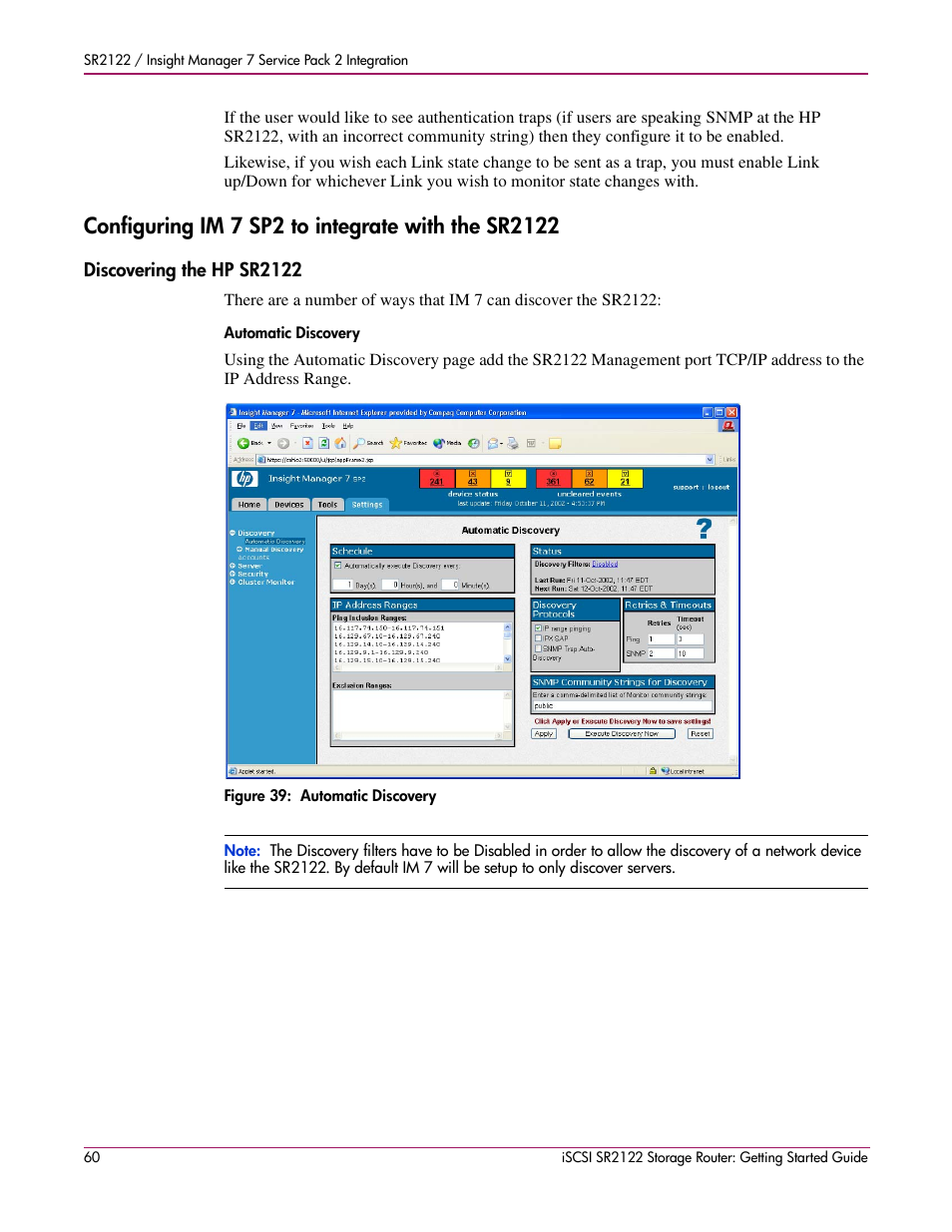 Configuring im 7 sp2 to integrate with the sr2122, Discovering the hp sr2122, Automatic discovery | Figure 39: automatic discovery, Figure 39:automatic discovery | HP ISCSI SR2122 User Manual | Page 60 / 66