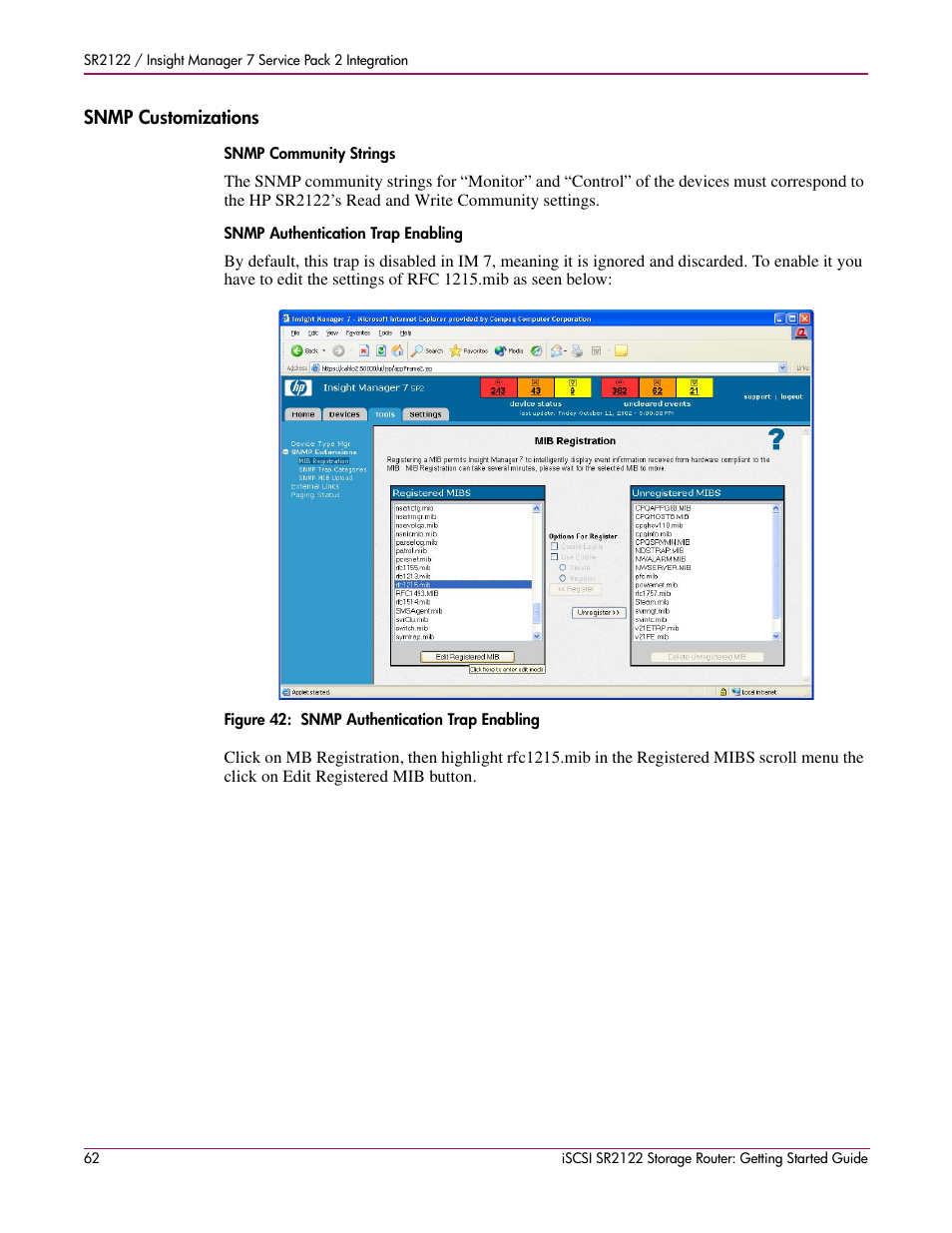 Snmp customizations, Snmp community strings, Snmp authentication trap enabling | Figure 42: snmp authentication trap enabling, Figure 42:snmp authentication trap enabling | HP ISCSI SR2122 User Manual | Page 62 / 66