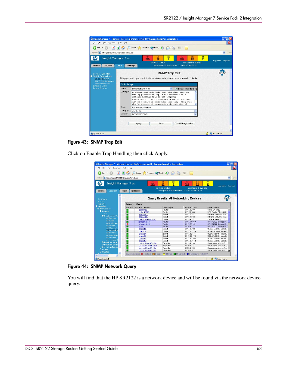 Figure 43: snmp trap edit, Figure 44: snmp network query | HP ISCSI SR2122 User Manual | Page 63 / 66