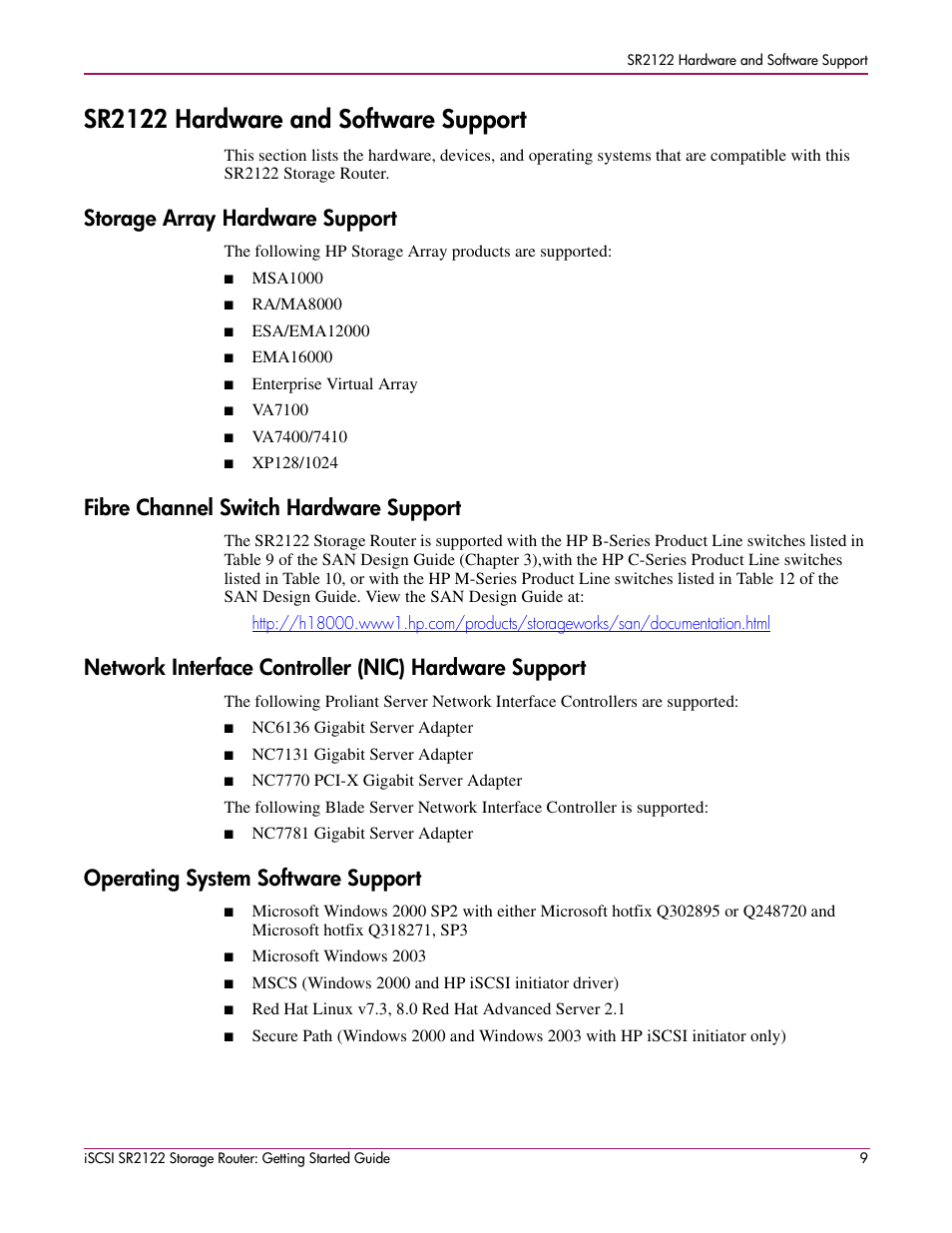 Sr2122 hardware and software support, Storage array hardware support, Fibre channel switch hardware support | Operating system software support | HP ISCSI SR2122 User Manual | Page 9 / 66