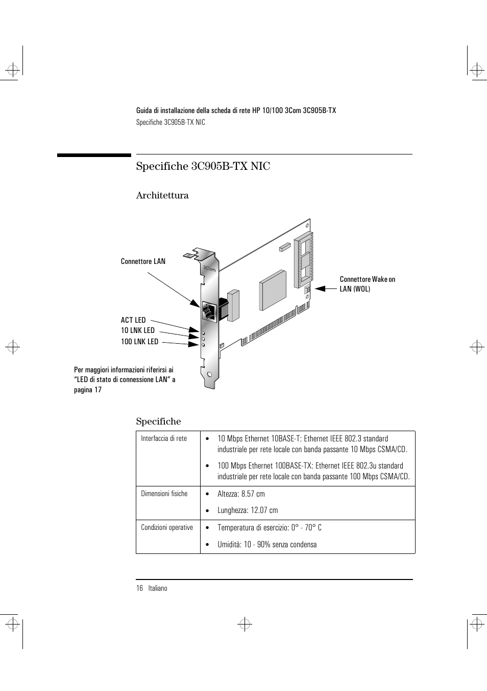 Specifiche 3c905b-tx nic, Architettura specifiche | HP 3C905B-TX User Manual | Page 104 / 110