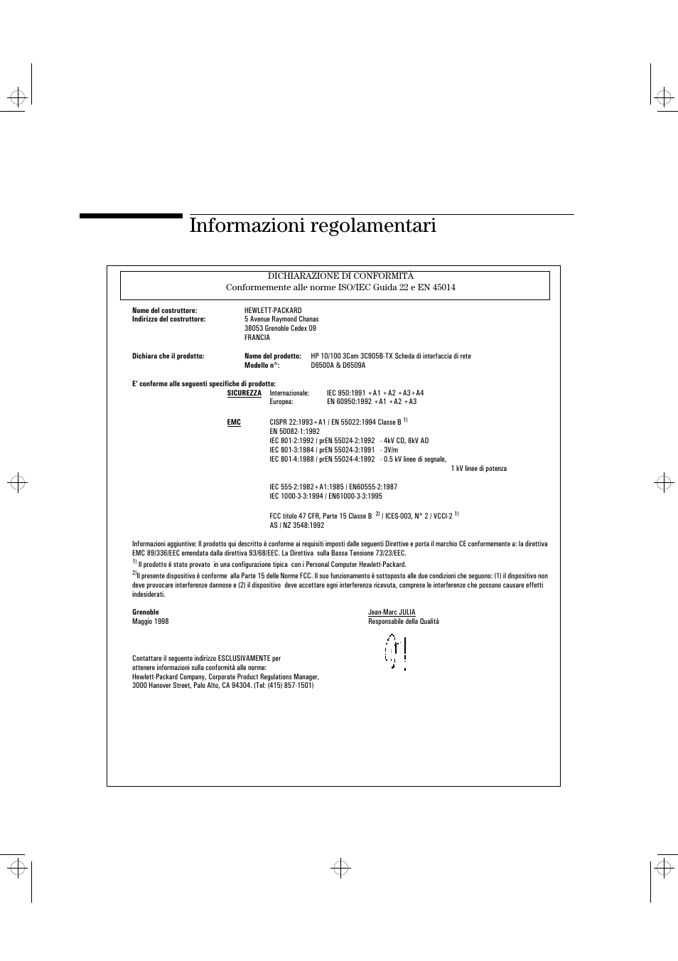 Informazioni regolamentari | HP 3C905B-TX User Manual | Page 106 / 110