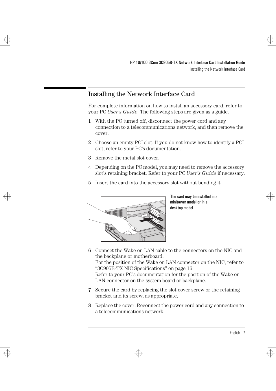 Installing the network interface card | HP 3C905B-TX User Manual | Page 11 / 110