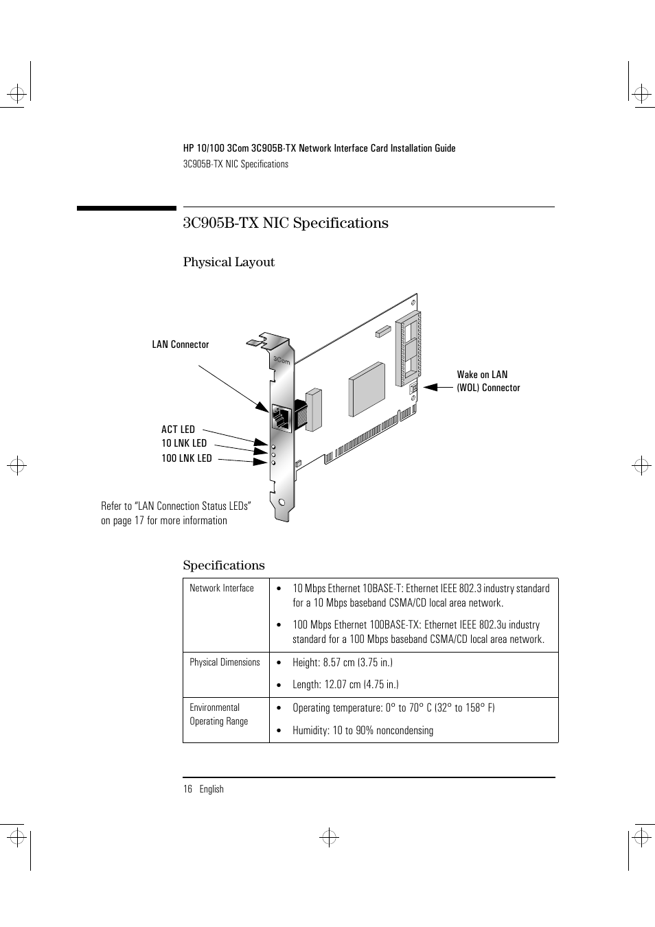 3c905b-tx nic specifications, Physical layout specifications | HP 3C905B-TX User Manual | Page 20 / 110