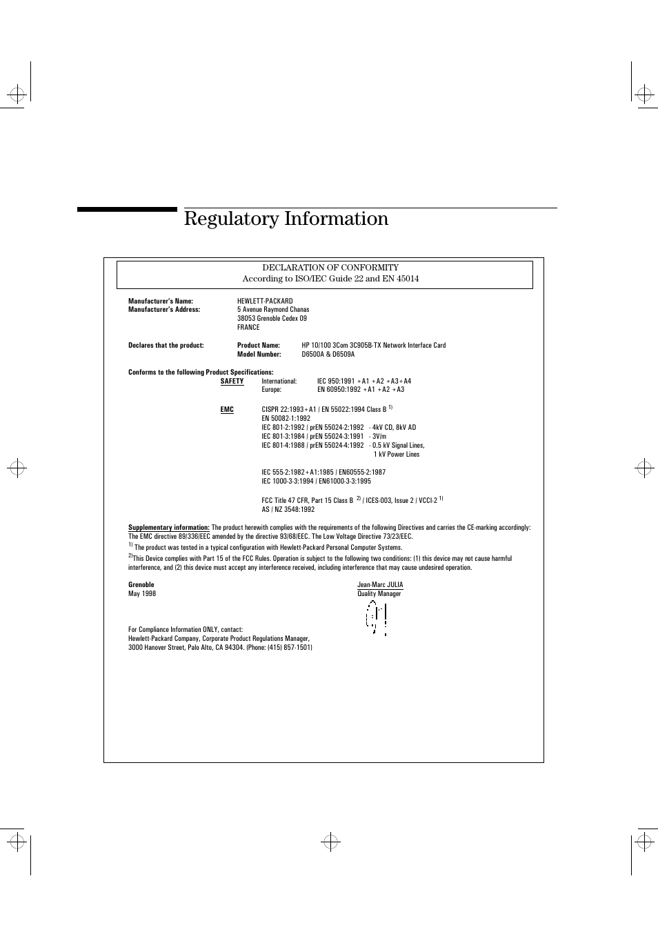 Regulatory information | HP 3C905B-TX User Manual | Page 22 / 110