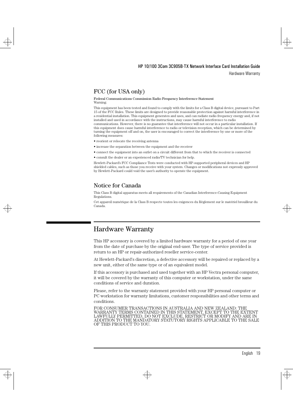 Hardware warranty, Fcc (for usa only), Notice for canada | HP 3C905B-TX User Manual | Page 23 / 110