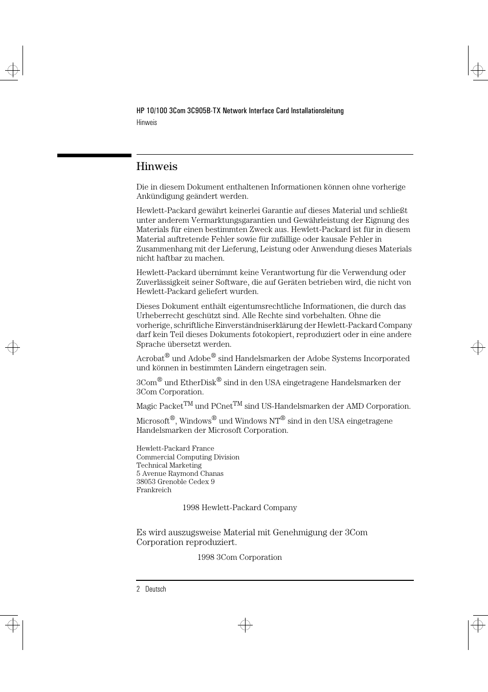 Hinweis | HP 3C905B-TX User Manual | Page 26 / 110