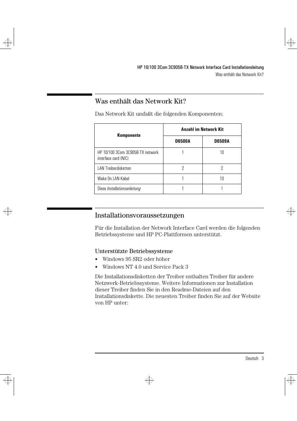 Was enthält das network kit, Installationsvoraussetzungen | HP 3C905B-TX User Manual | Page 27 / 110