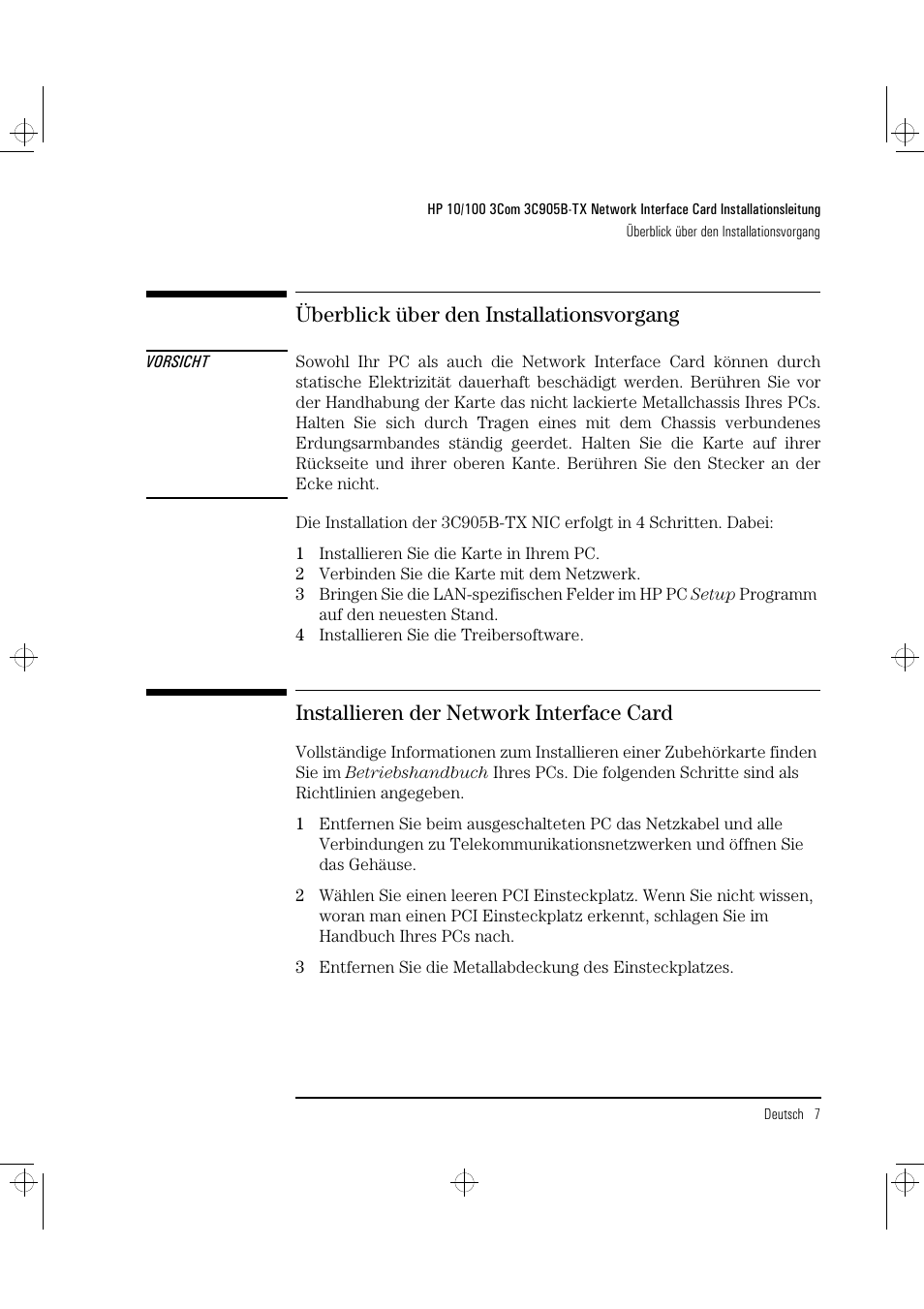Überblick über den installationsvorgang, Installieren der network interface card | HP 3C905B-TX User Manual | Page 31 / 110