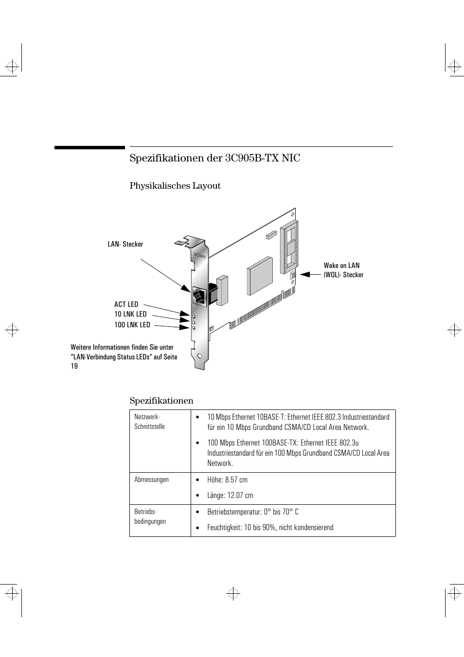 Spezifikationen der 3c905b-tx nic, Physikalisches layout spezifikationen | HP 3C905B-TX User Manual | Page 42 / 110