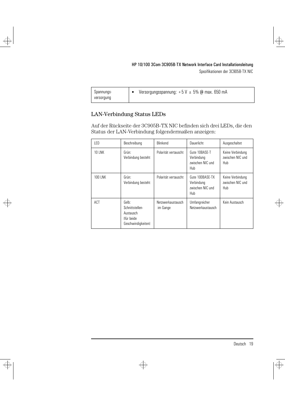 Lan-verbindung status leds | HP 3C905B-TX User Manual | Page 43 / 110