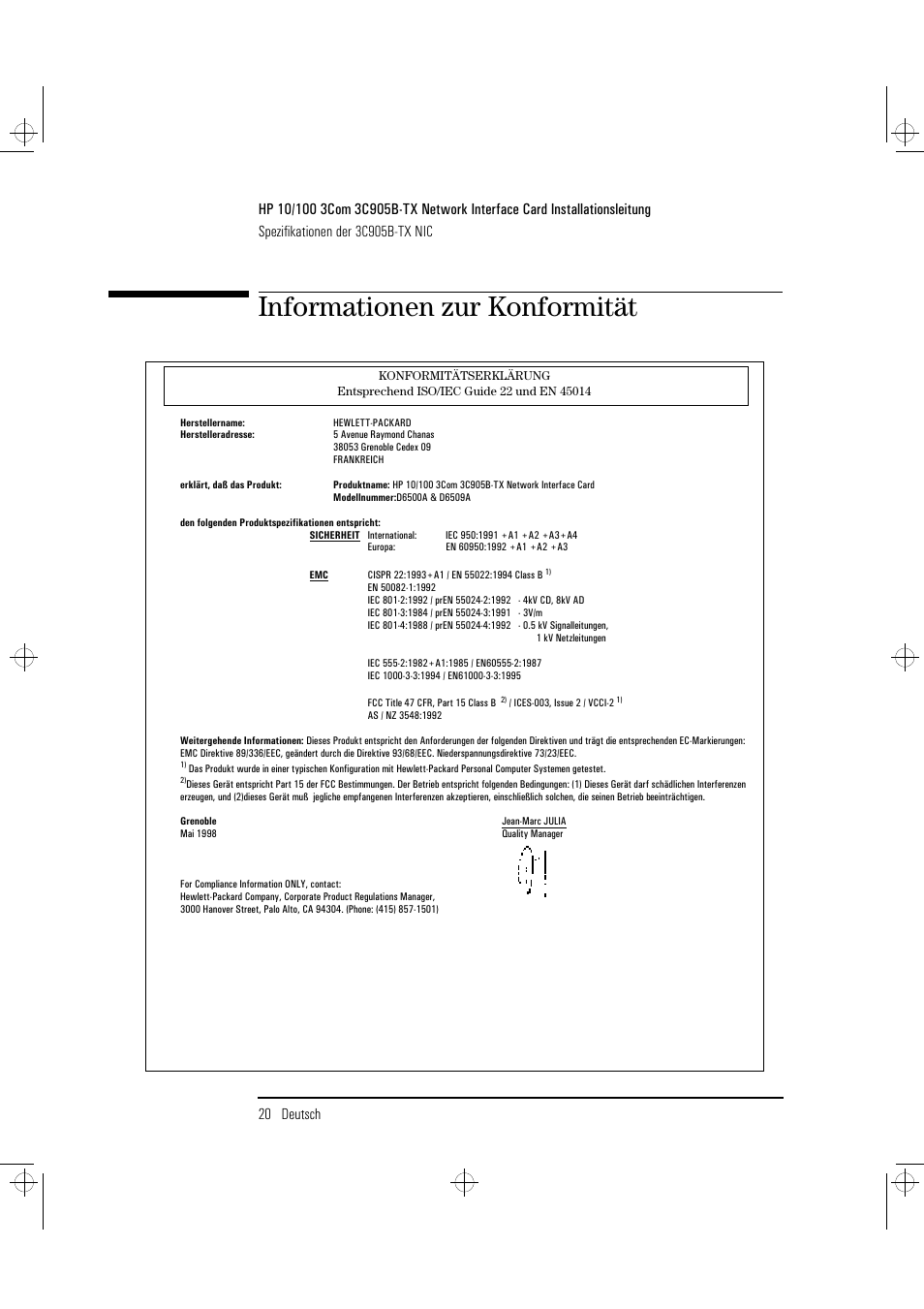 Informationen zur konformität | HP 3C905B-TX User Manual | Page 44 / 110