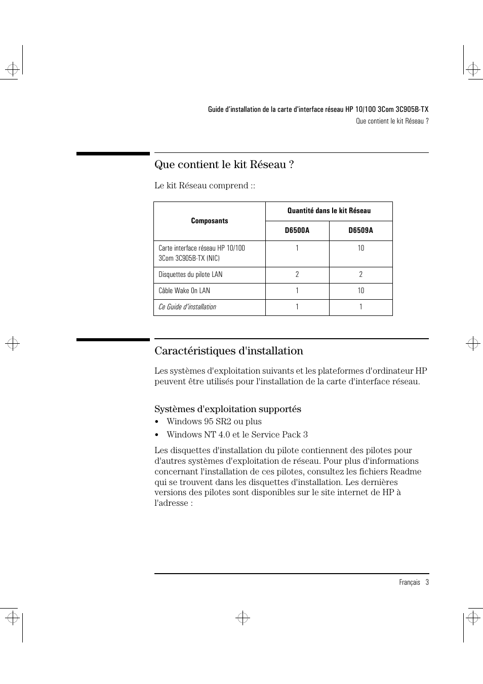 Que contient le kit réseau, Caractéristiques d'installation | HP 3C905B-TX User Manual | Page 49 / 110