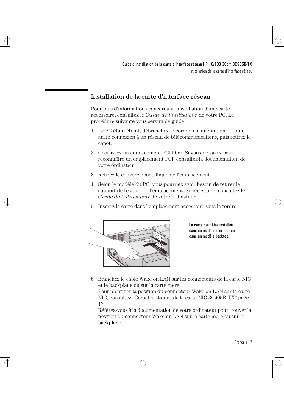 Installation de la carte d'interface réseau | HP 3C905B-TX User Manual | Page 53 / 110