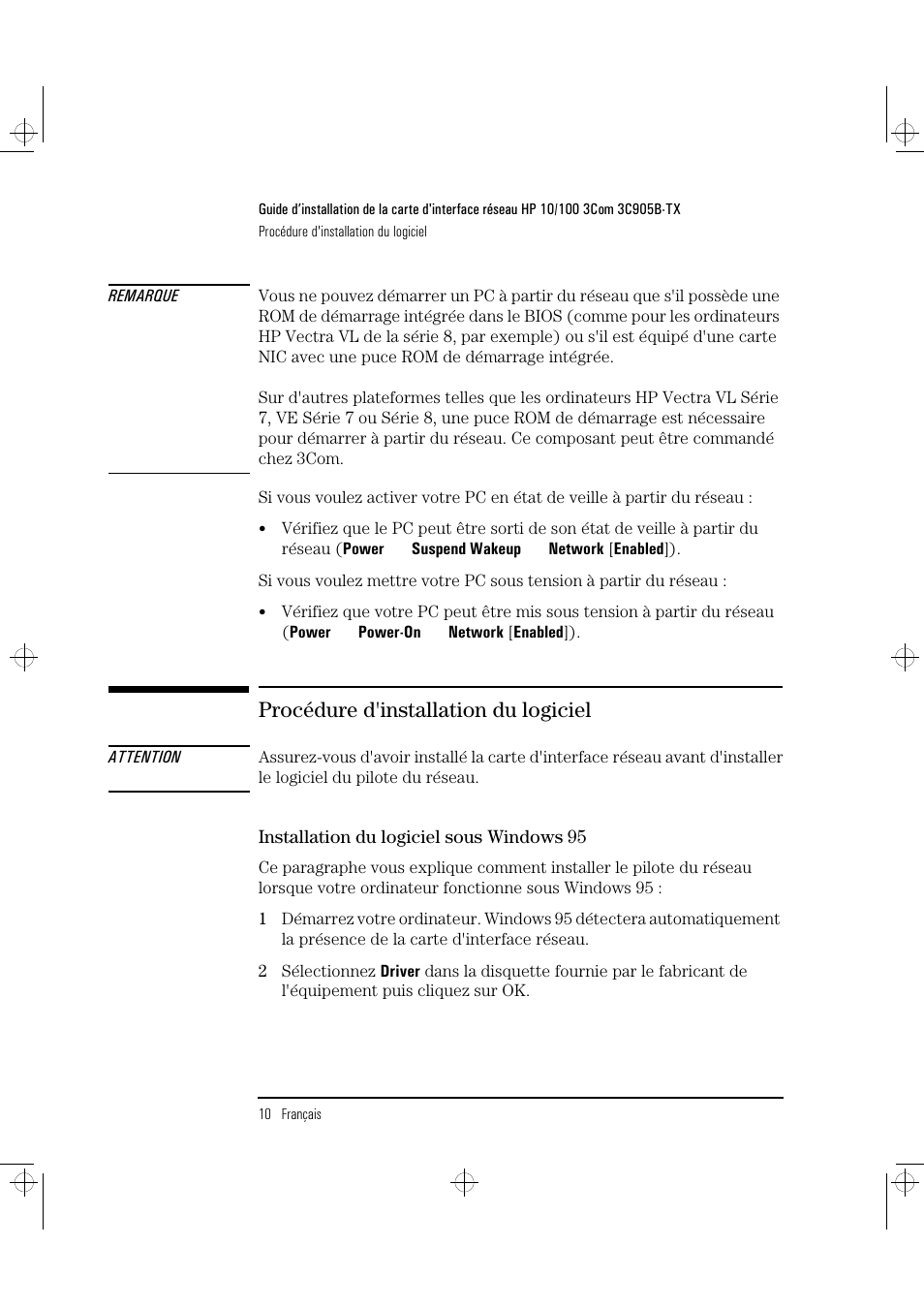 Procédure d'installation du logiciel | HP 3C905B-TX User Manual | Page 56 / 110