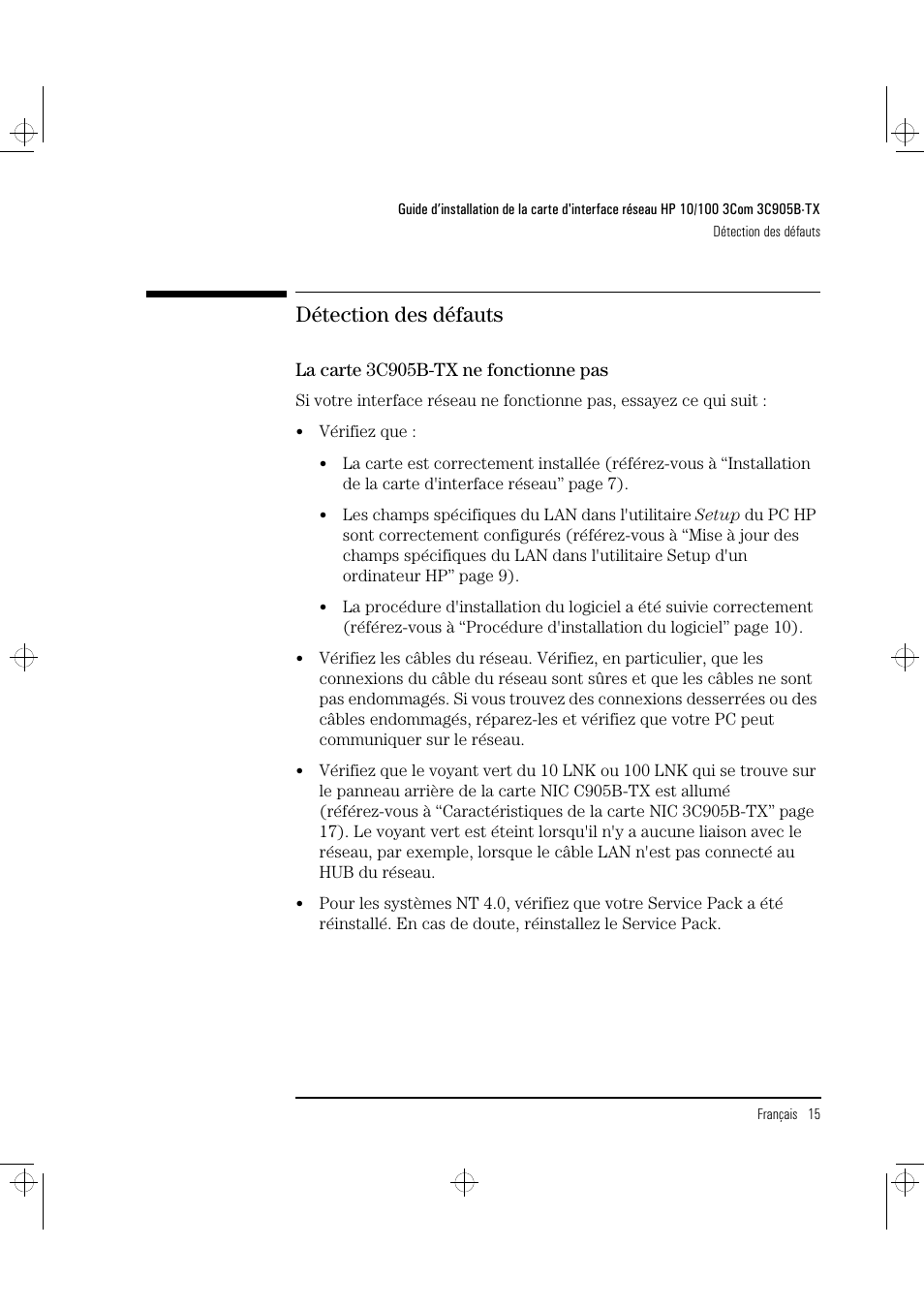 Détection des défauts | HP 3C905B-TX User Manual | Page 61 / 110