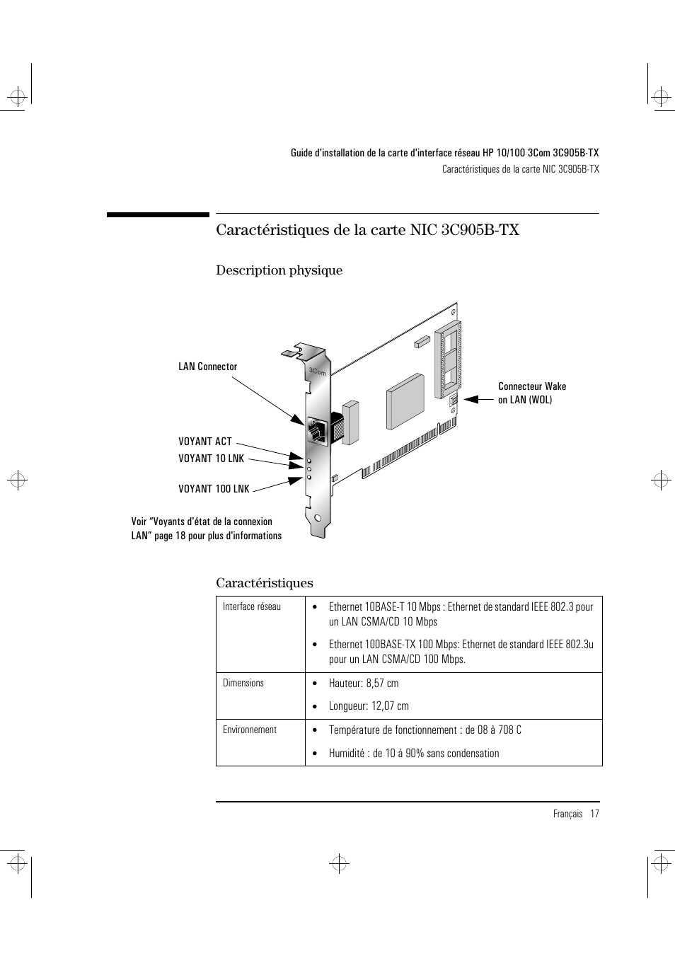 Caractéristiques de la carte nic 3c905b-tx, Description physique caractéristiques | HP 3C905B-TX User Manual | Page 63 / 110