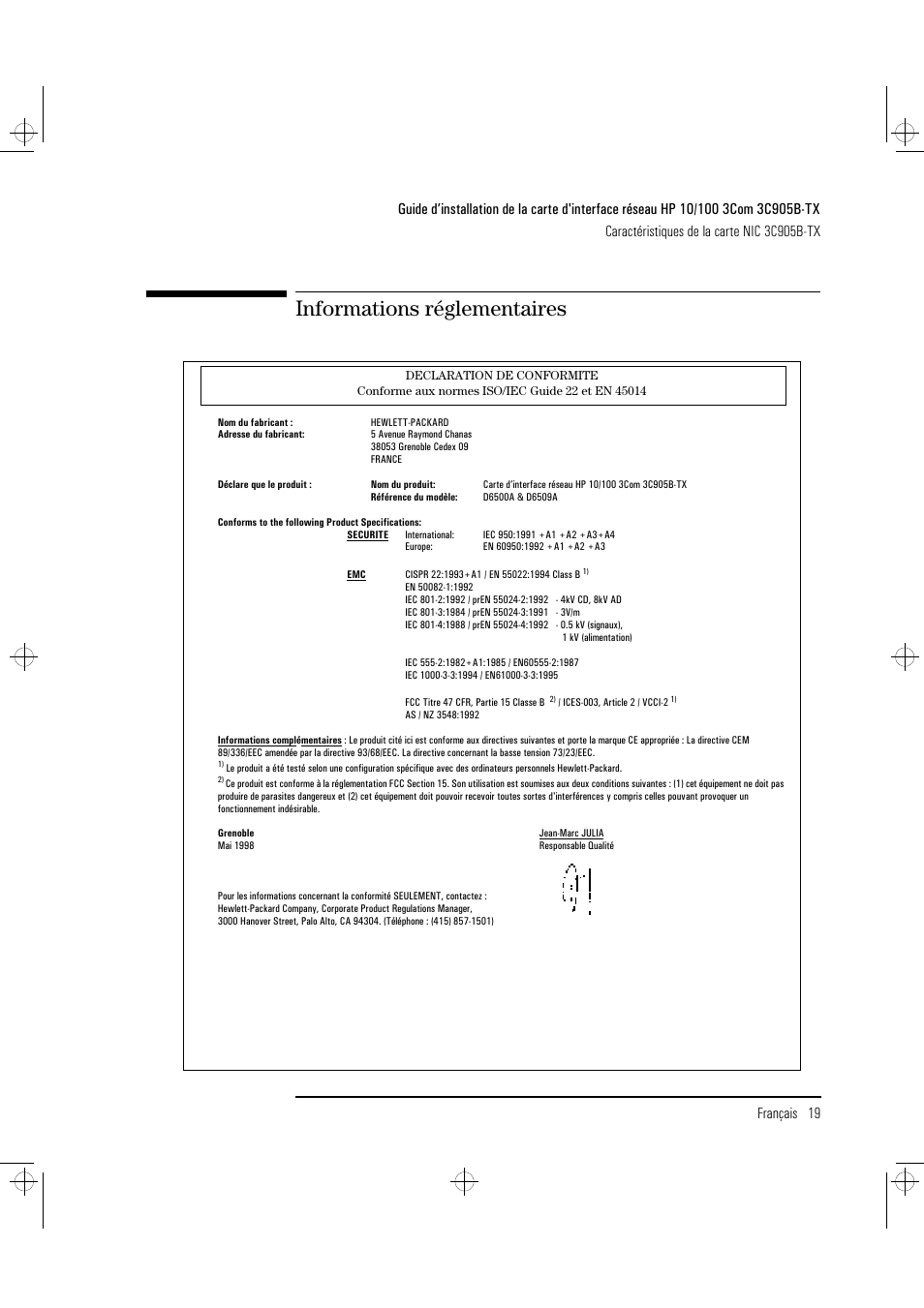 Informations réglementaires | HP 3C905B-TX User Manual | Page 65 / 110