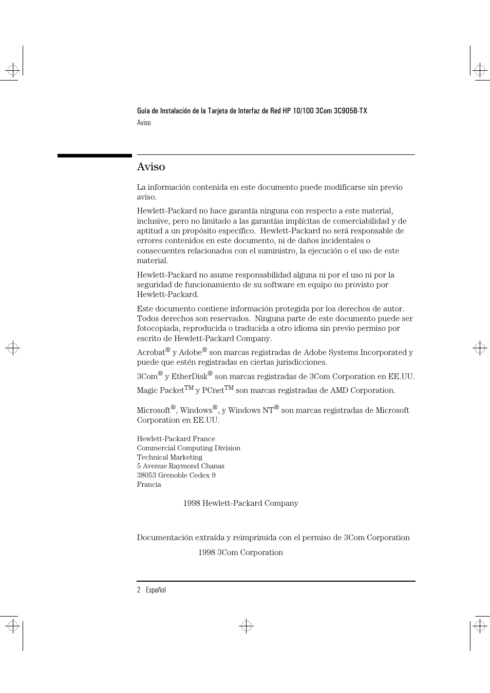 Aviso | HP 3C905B-TX User Manual | Page 68 / 110