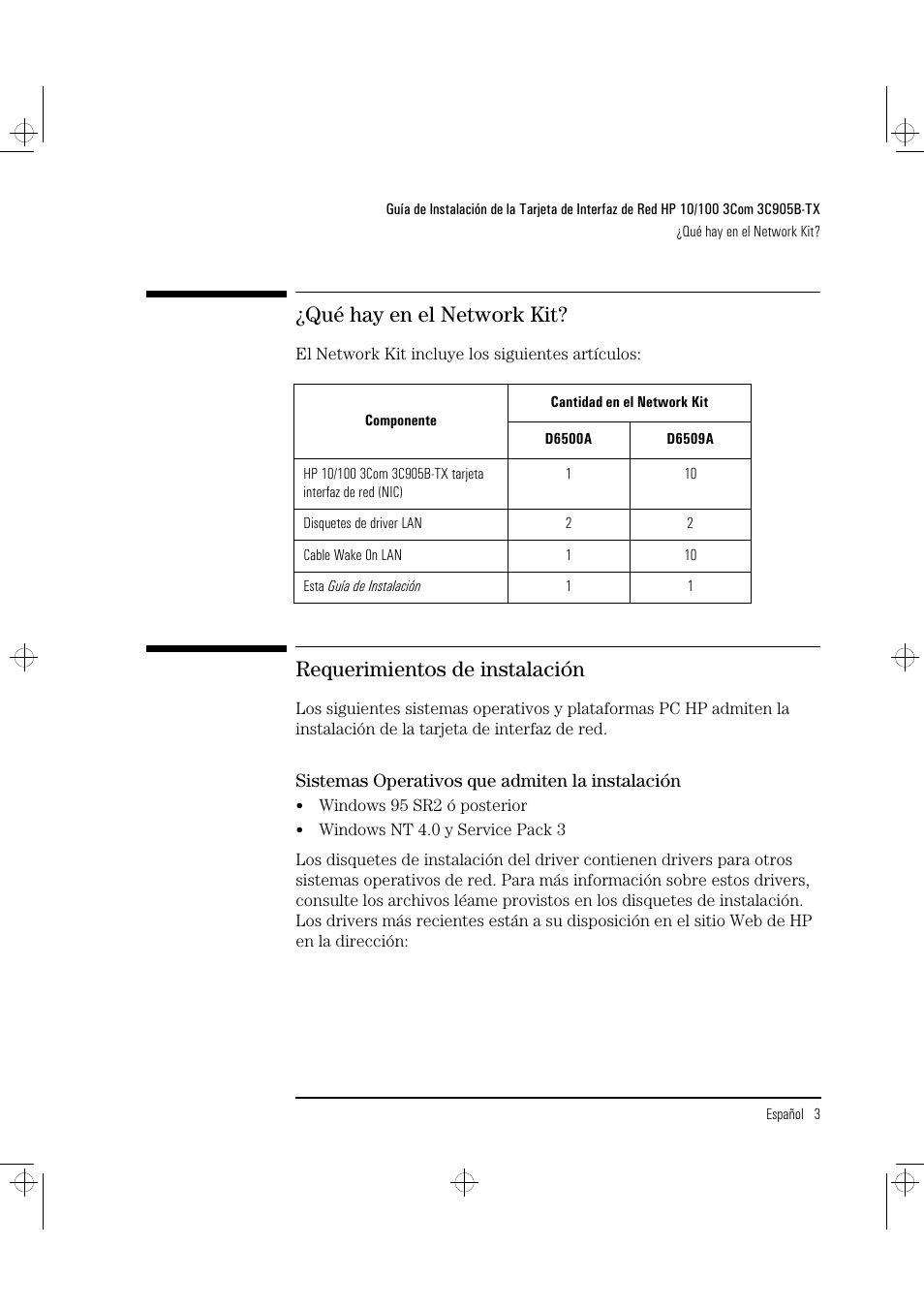 Qué hay en el network kit, Requerimientos de instalación | HP 3C905B-TX User Manual | Page 69 / 110
