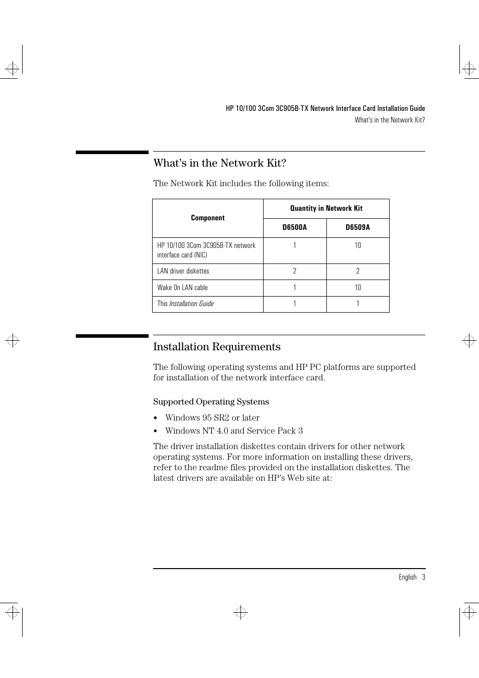 What’s in the network kit, Installation requirements | HP 3C905B-TX User Manual | Page 7 / 110