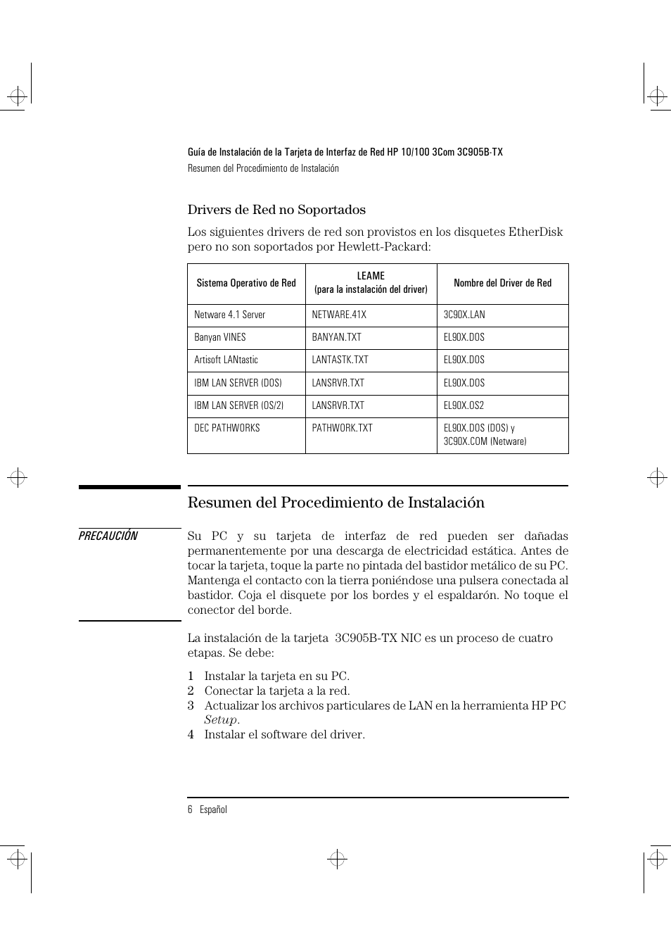 Resumen del procedimiento de instalación | HP 3C905B-TX User Manual | Page 72 / 110